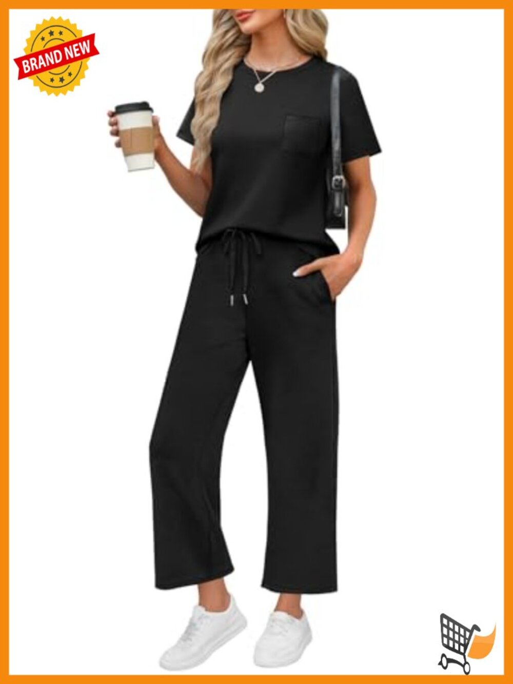 2 Piece Set Crew Neck Short Sleeve Wide Leg Crop Pants Travel Lounge